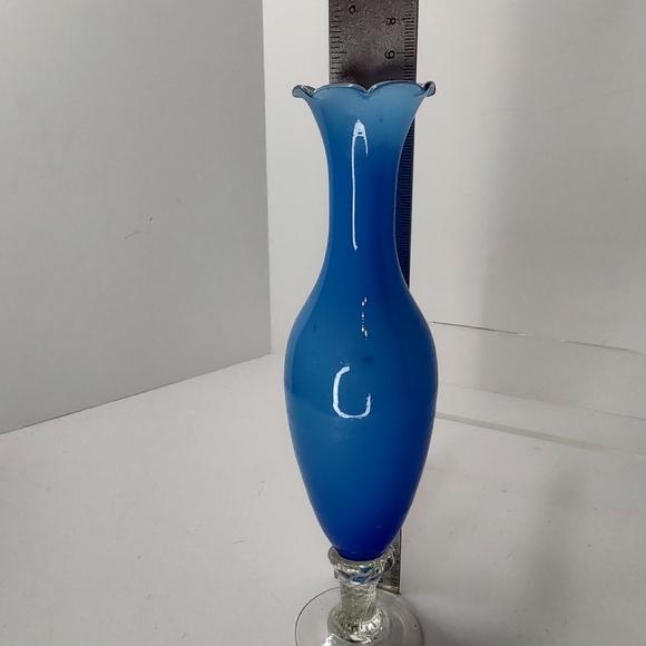 Aqua Blue 8” Ruffled White Delicate Pedestal Vase Blown Glass - Picture 7 of 8